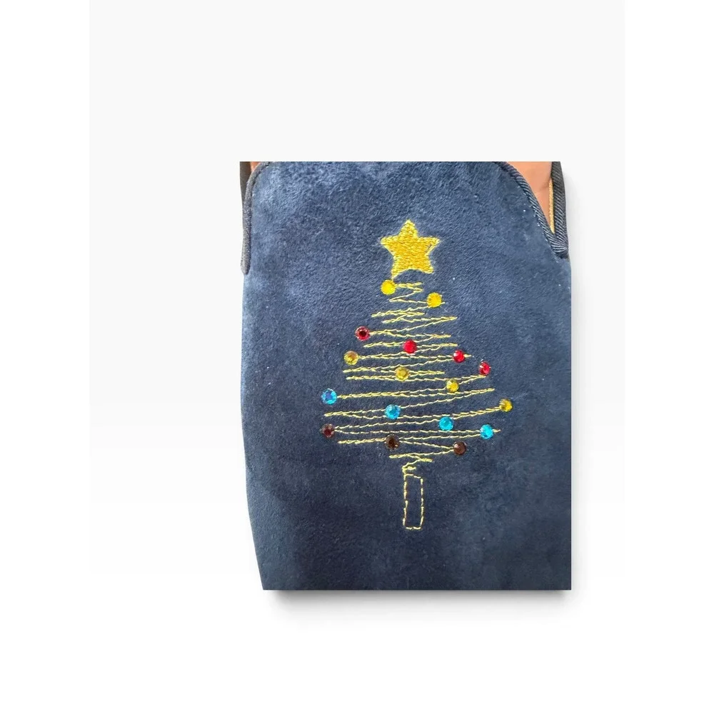 Talbots Navy Blue Velvet Christmas Tree Rhinestone Wristlet Bag Gold Accents
